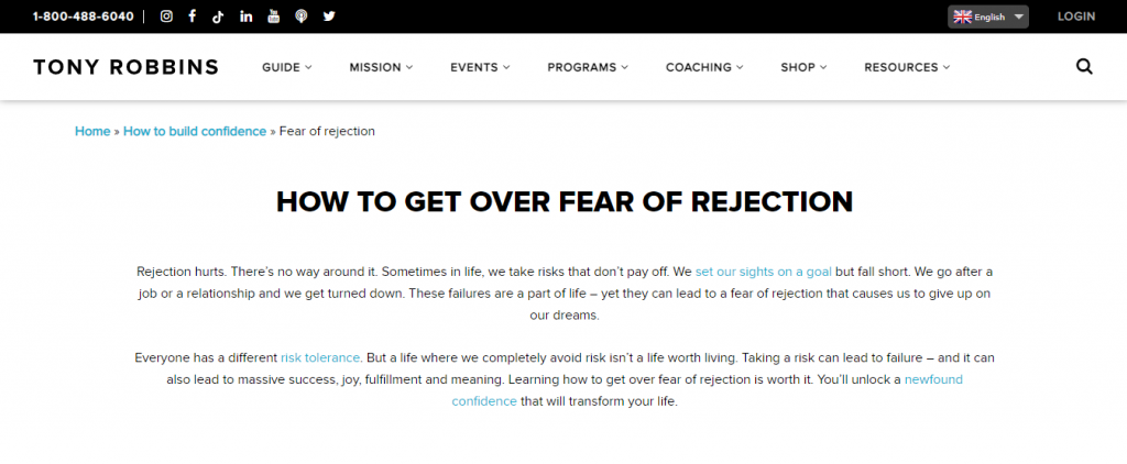 El artículo «Cómo superar el miedo al rechazo» en el sitio web de Tony Robbins