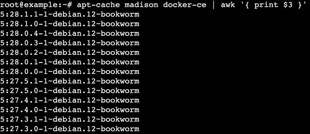 Una salida de terminal que muestra todas las versiones disponibles de Docker