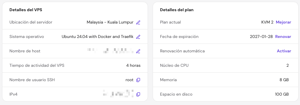 La sección de detalles del VPS en la página de Descripción general del VPS de hPanel
