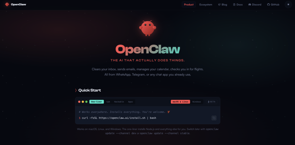 Página de destino de OpenClaw