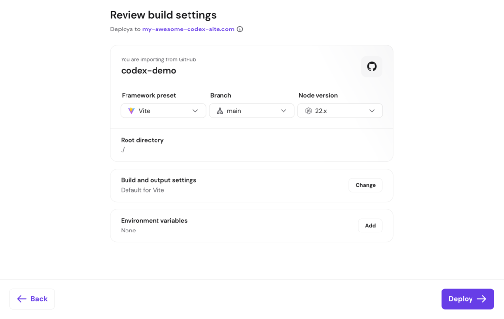 Una página de revisión de la configuración de compilación de una aplicación de Codex en el flujo de hosting Node.js de Hostinger