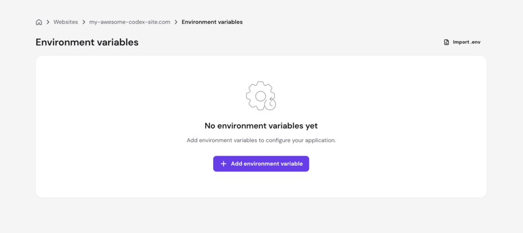 Menú de variables de entorno en un panel de hosting de Node.js en hPanel
