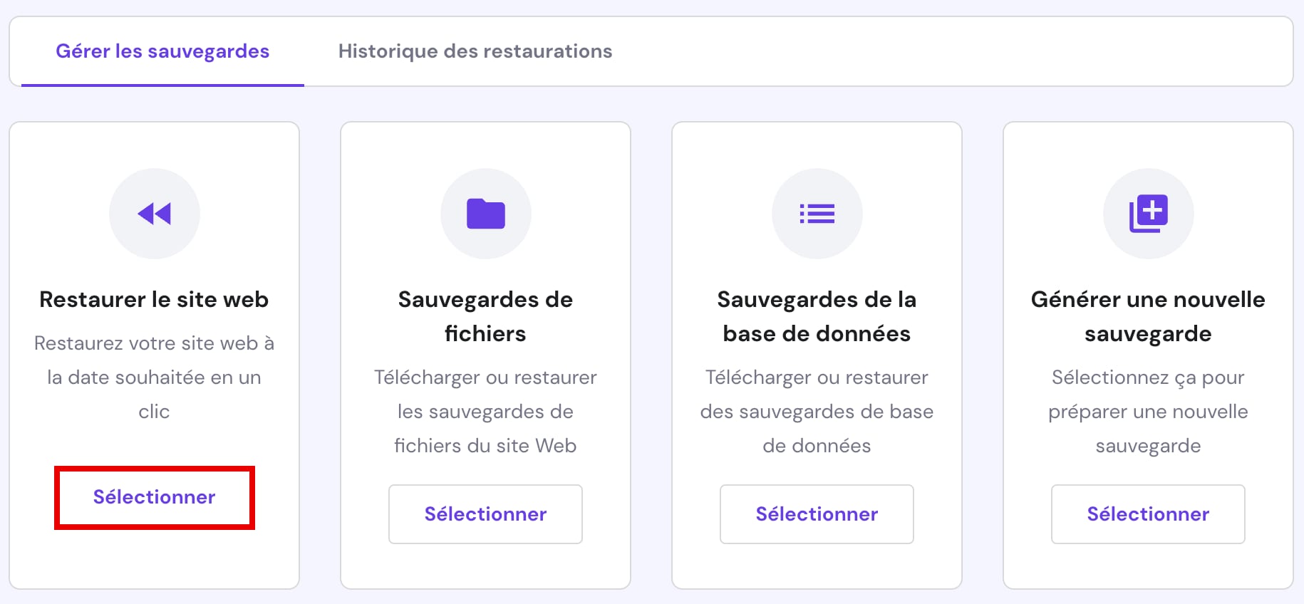 Les options de sauvegardes dans l'espace de gestion du site web