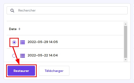 Sélectionner une date particulière de sauvegarde de la base de données