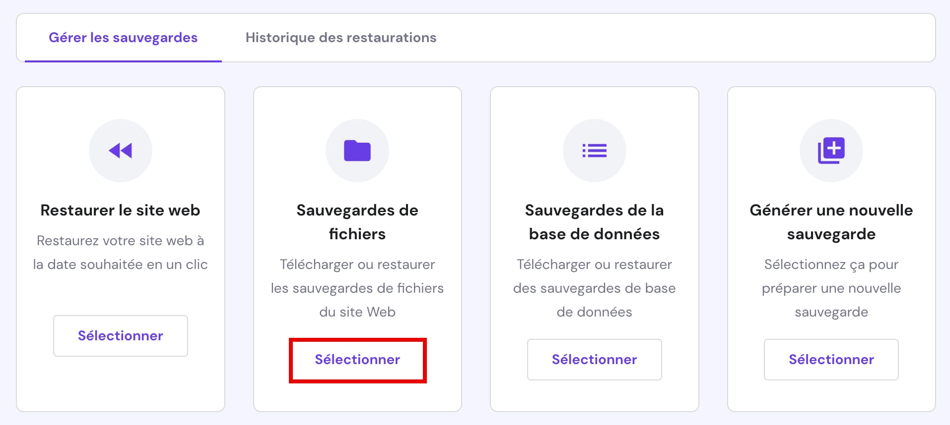 Restauration d'une sauvegarde de fichiers ou de dossiers d'un site web spécifique