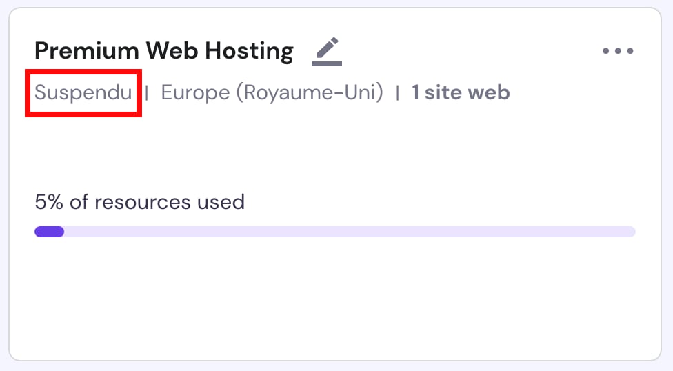 Exemple d'un compte d'hébergement suspendu