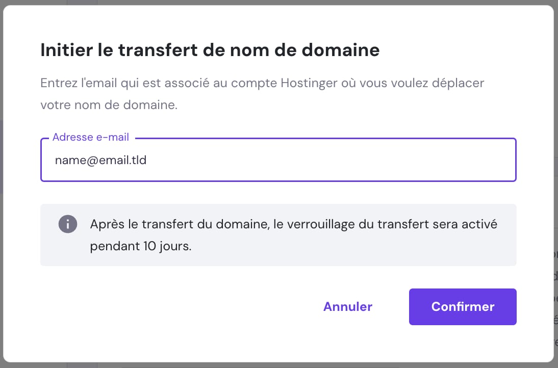 La fenêtre Initier le transfert de domaine pour entrer l'adresse e-mail de destination et le bouton de confirmation