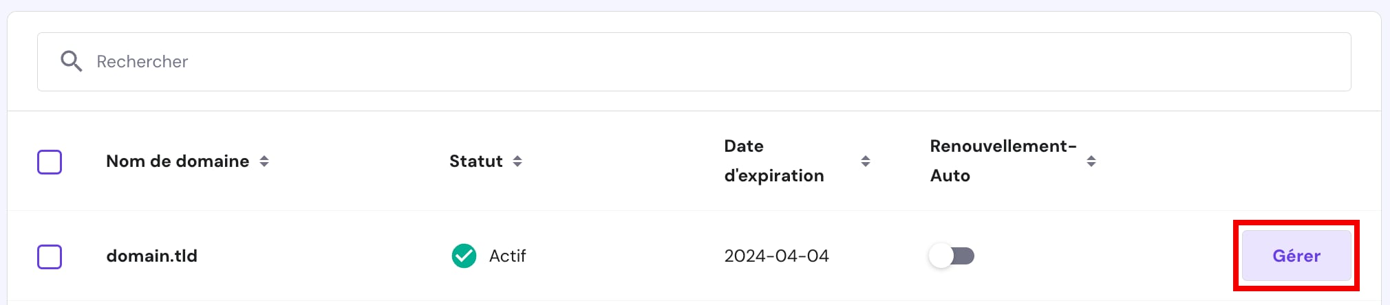 Le bouton Gérer dans la section Domaines chez Hostinger