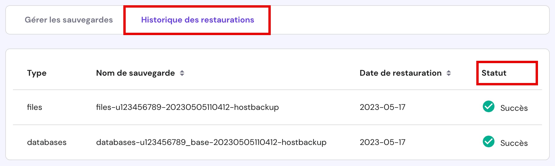 Afficher l'état de la restauration