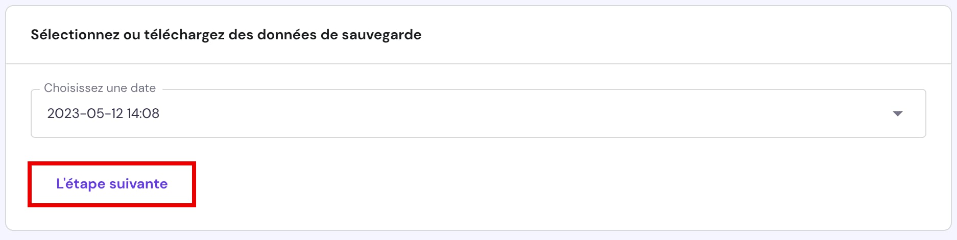 Sélection de la date d'une sauvegarde