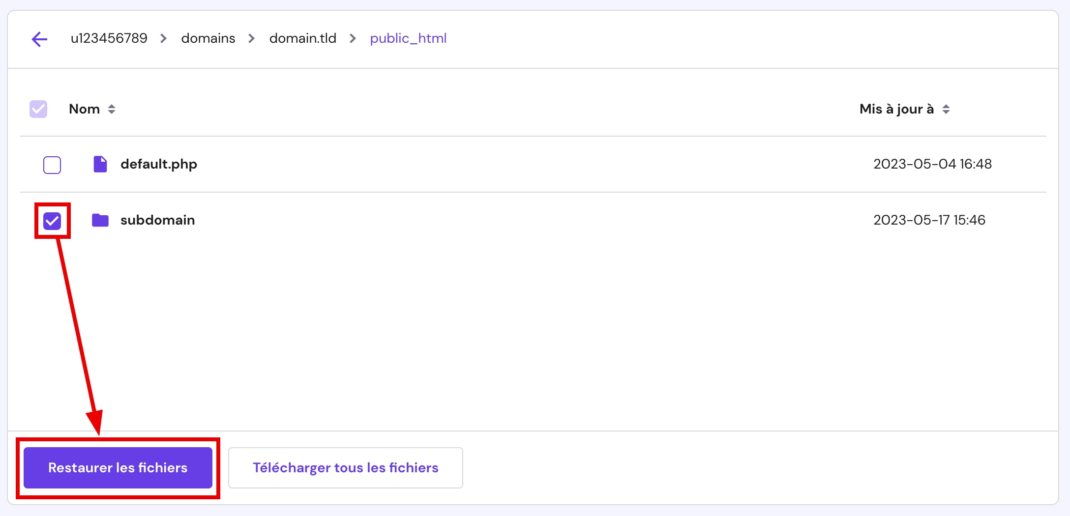 Restaurer une sauvegarde du dossier d'un site web particulier 
