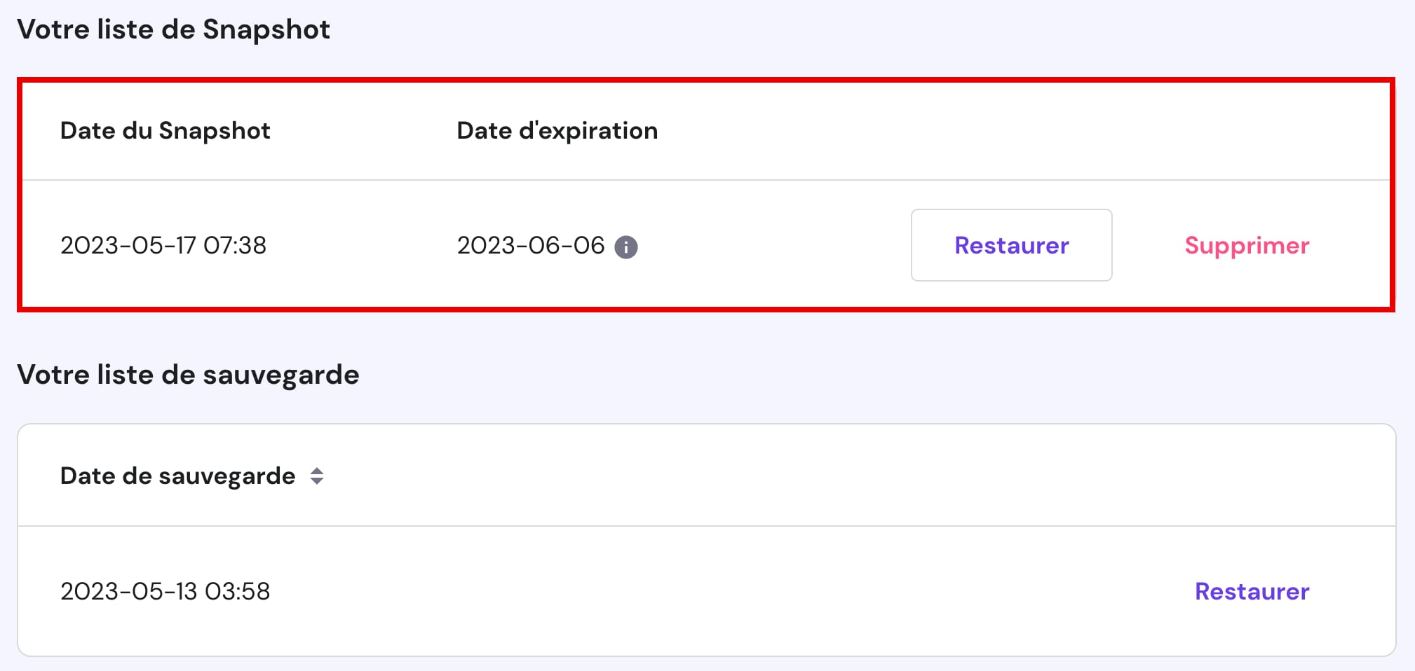 La liste des instantanés de serveurs virtuels