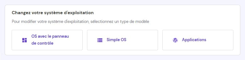 Les options disponibles pour changer le système d'exploitation VPS