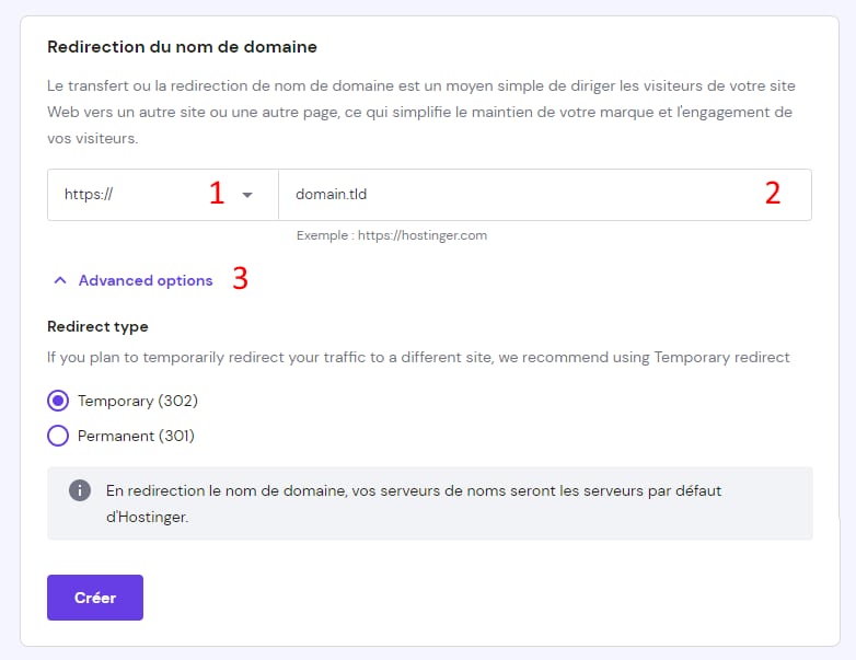 Les options de redirection de domaine sur hPanel chez Hostinger