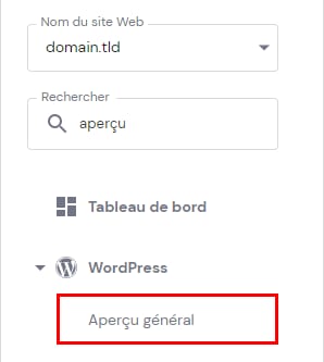 L'option Vue d'ensemble de WordPress dans le panneau d'hébergement du site web