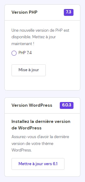 L'option de changer la version de PHP et de WordPress dans WordPress → Vue d'ensemble → Tableau de bord