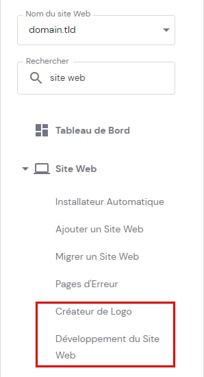 La barre latérale hPanel montrant pour sélectionner les options de Fiverr: Créateur de Logo et Développement du Site Web
