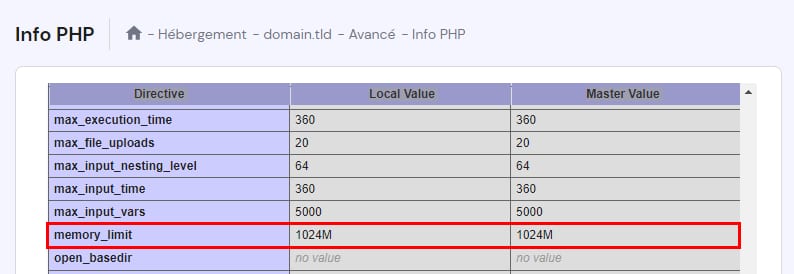 La valeur PHP memory_limit sur la page PHP Info