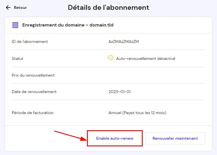 Le bouton Activer le renouvellement automatique sur la page des détails de l'abonnement