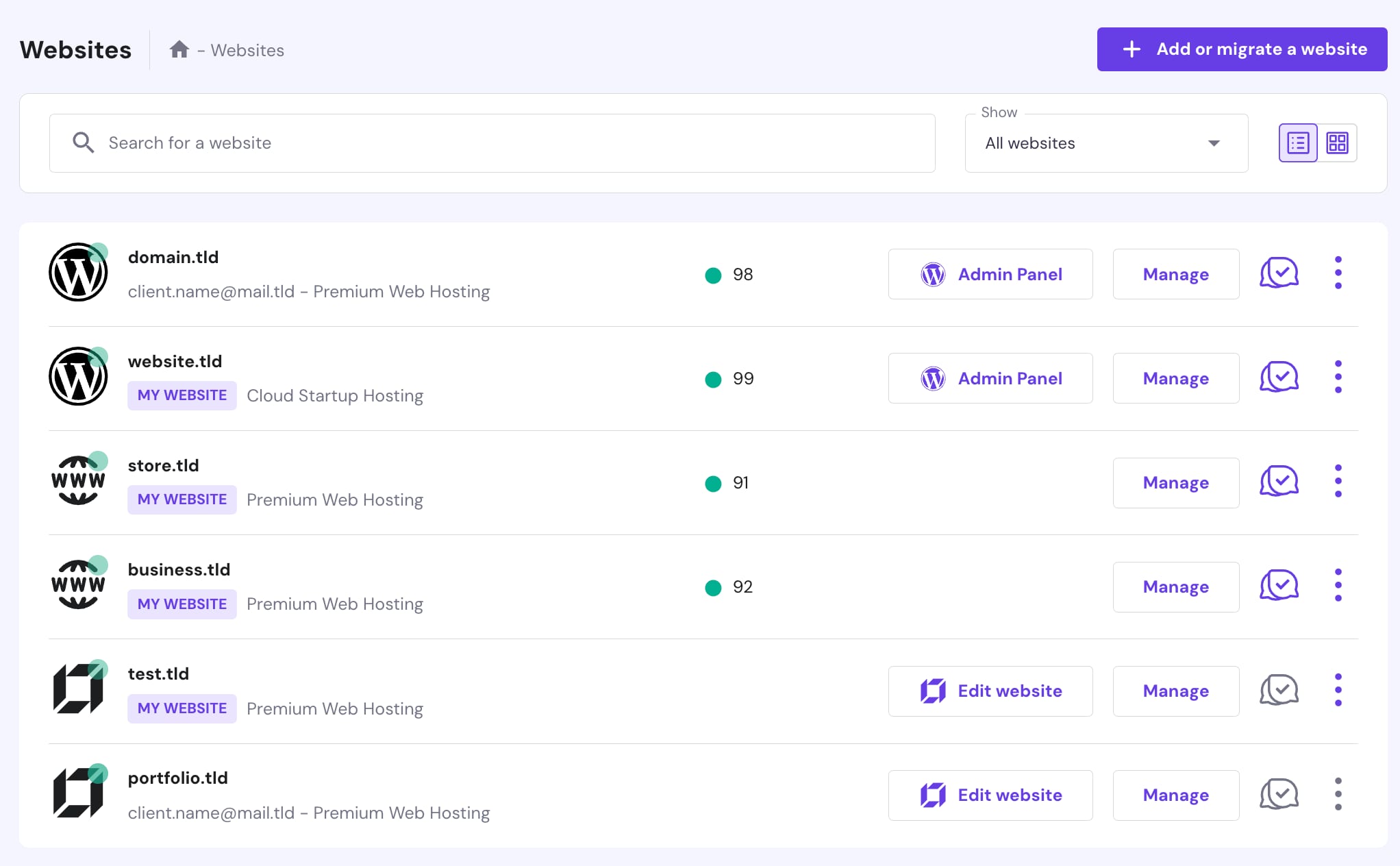 La section Sites Web de hPanel
