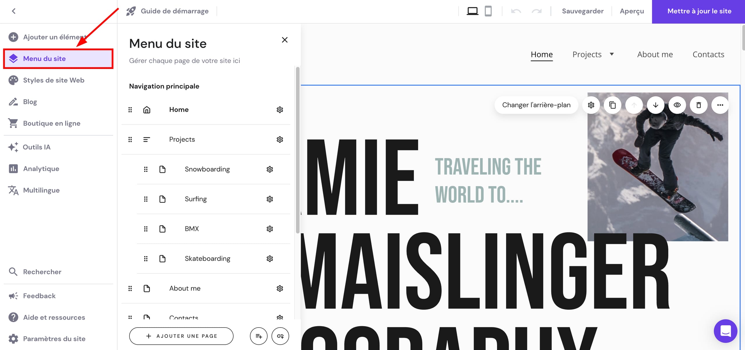 Les pages de la navigation principale et les pages cachées dans le menu de navigation