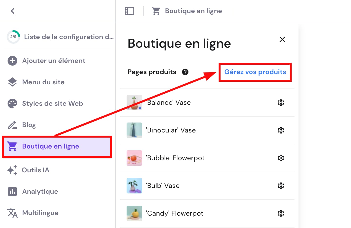 Le bouton pour gérer les produits dans Hostinger Website Builder
