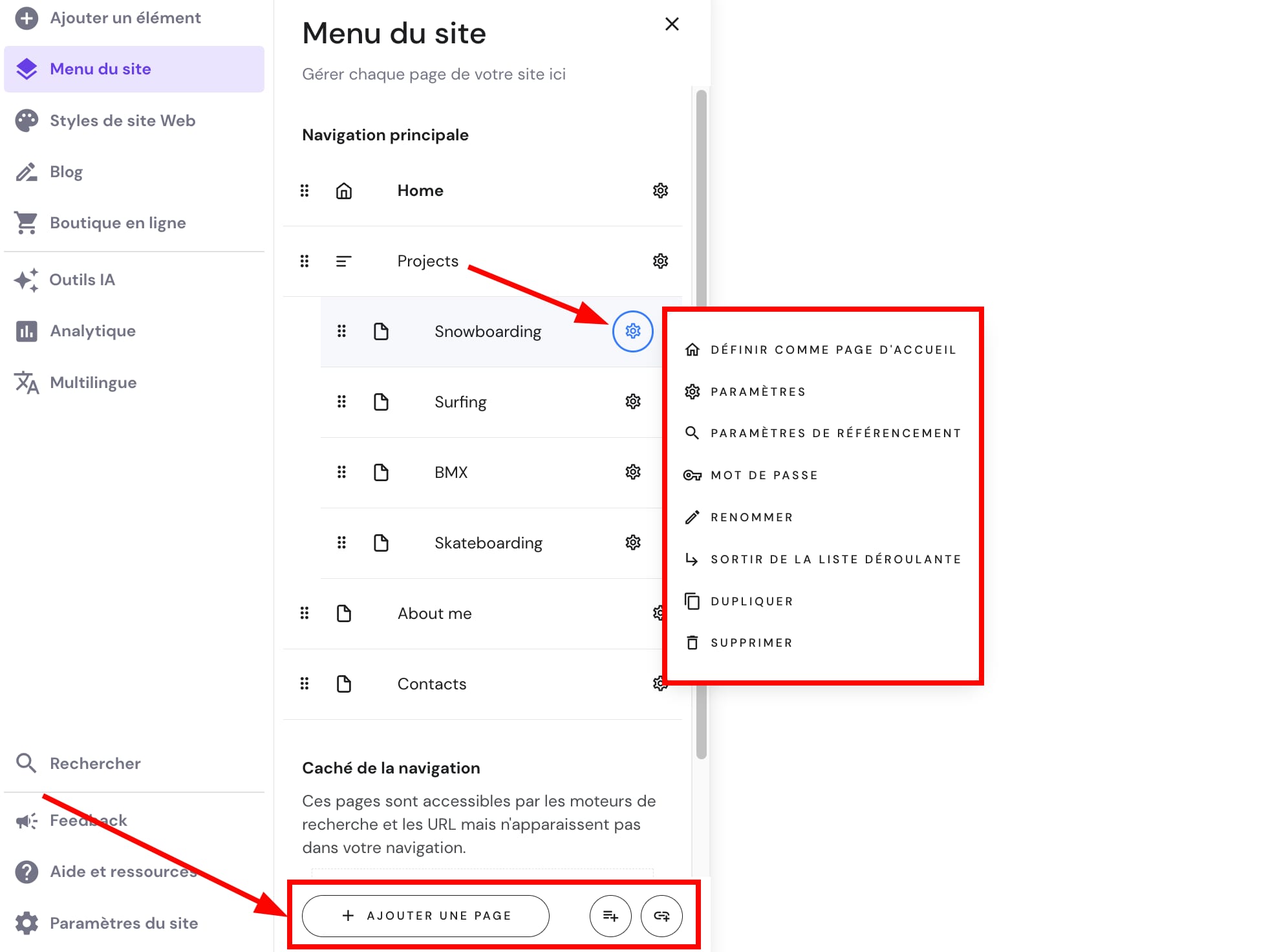 Les façons de gérer les pages et le menu de navigation du site Web
