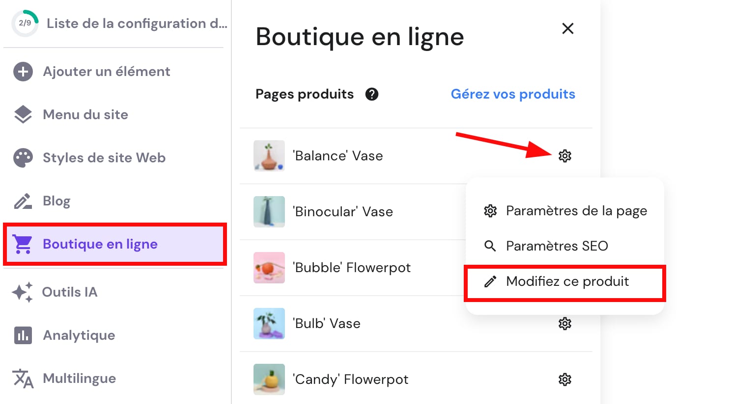 Le bouton pour gérer un produit particulier dans Hostinger Website Builder