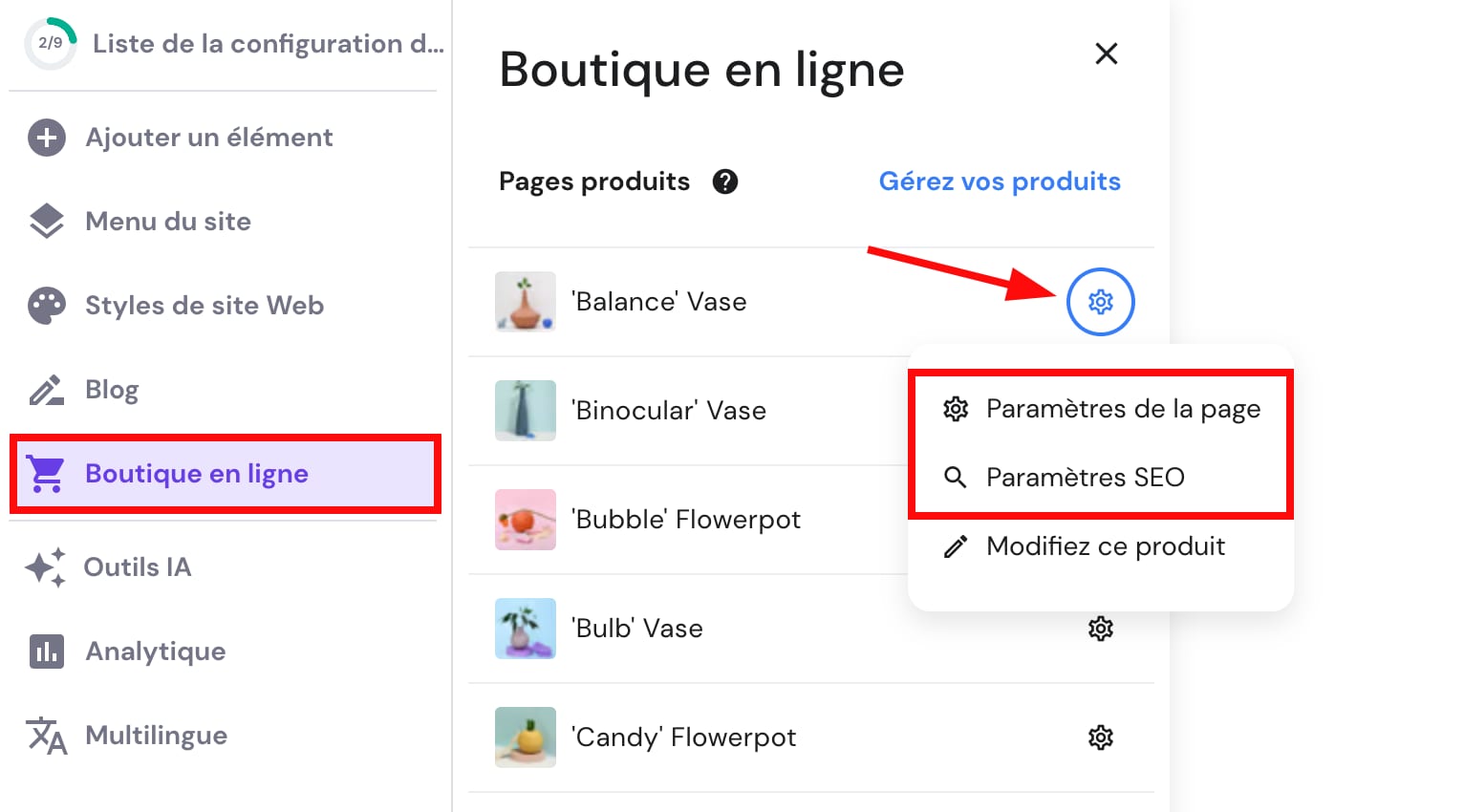 La manière de modifier les paramètres d'une page produit