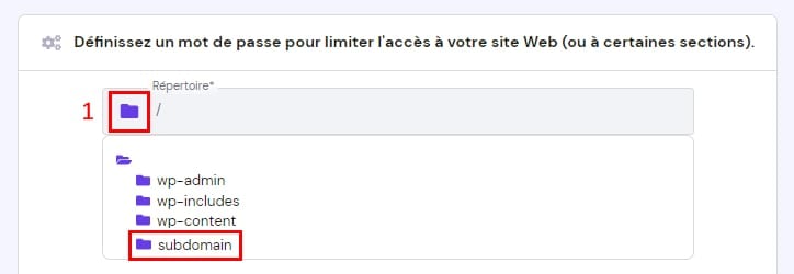 Définir le répertoire à protéger par mot de passe dans hPanel de Hostinger