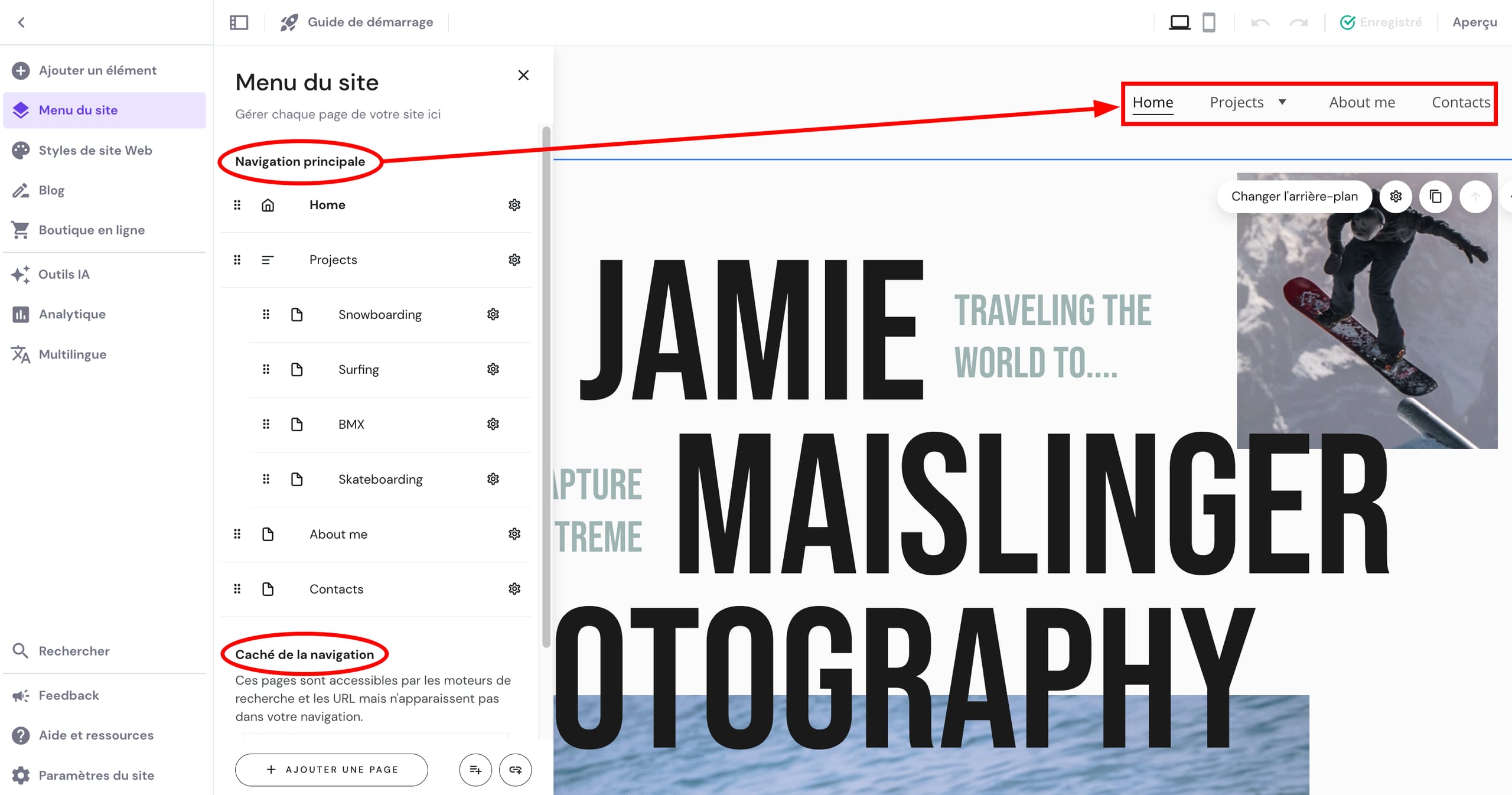 Les pages de la navigation principale et les pages cachées dans le menu de navigation