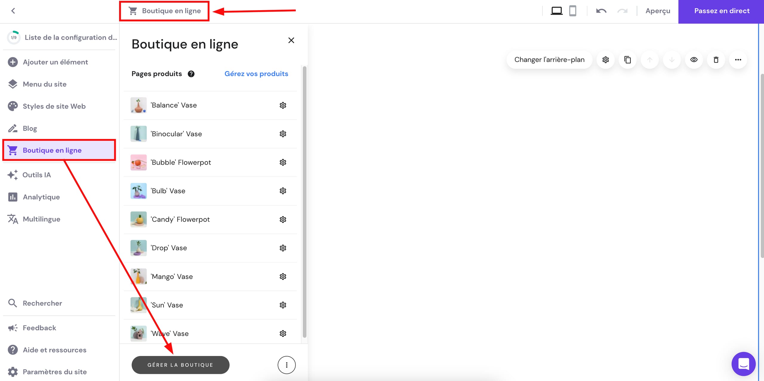 Boutons permettant d'accéder à la zone de gestion du magasin en ligne