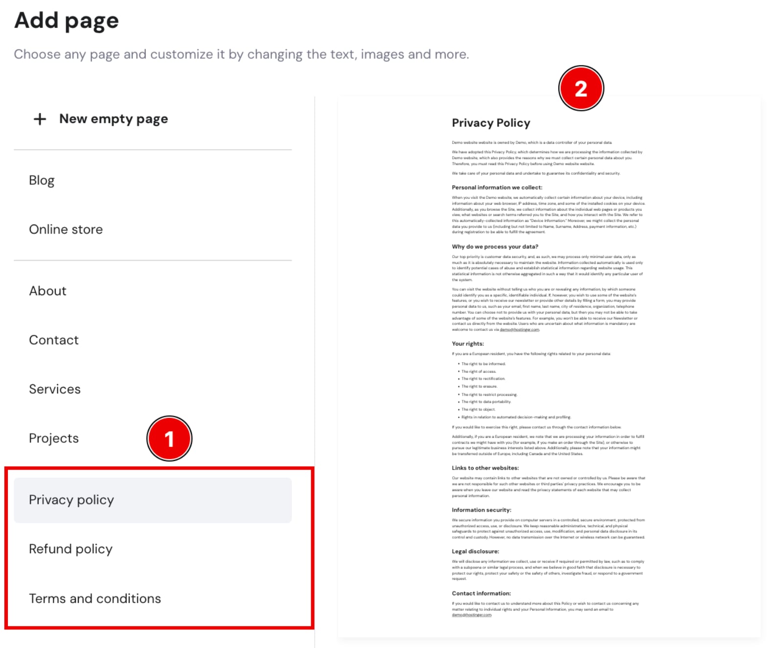 Ajout de pages juridiques dans Créateur de site web Hostinger