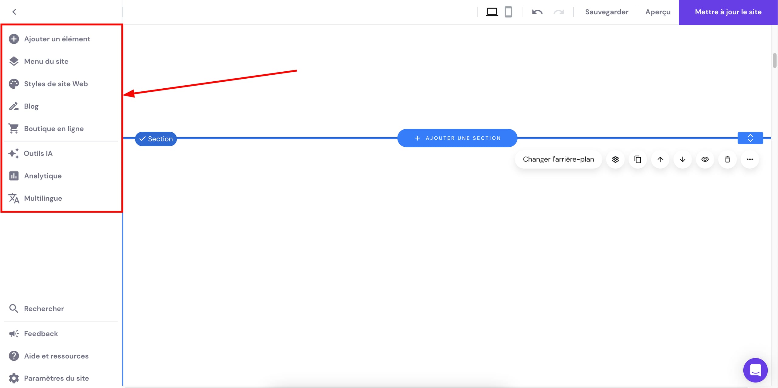 La barre d'outils de gauche dans Hostinger Website Builder
