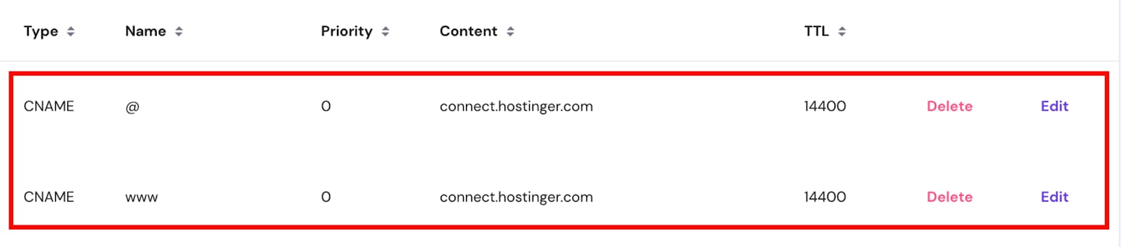The A and CNAME records required to point a domain to Hostinger Website Builder