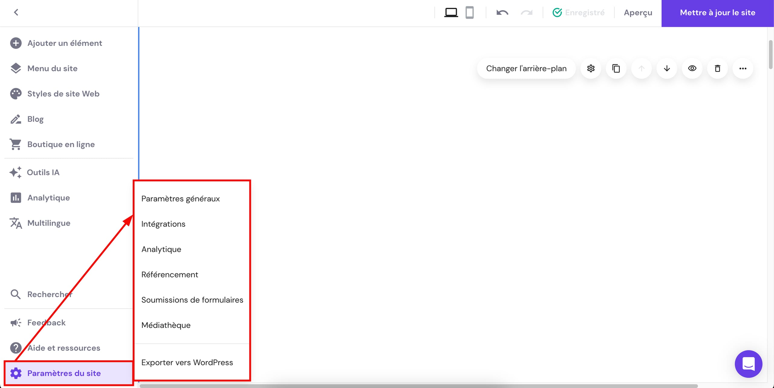 Paramètres du site Web dans Hostinger Website Builder