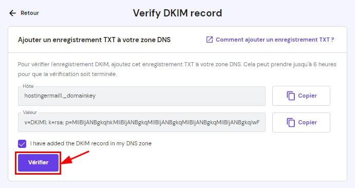 Vérification des enregistrements DKIM personnalisés sur hPanel de Hostinger