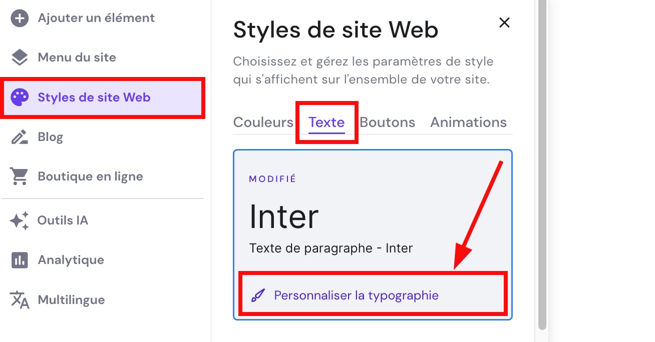 Paramètres globaux du style de texte dans Hostinger Website Builder