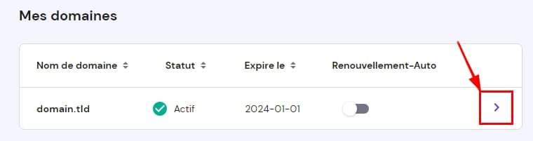 La liste des domaines sur hPanel indique où ouvrir les options de gestion des domaines
