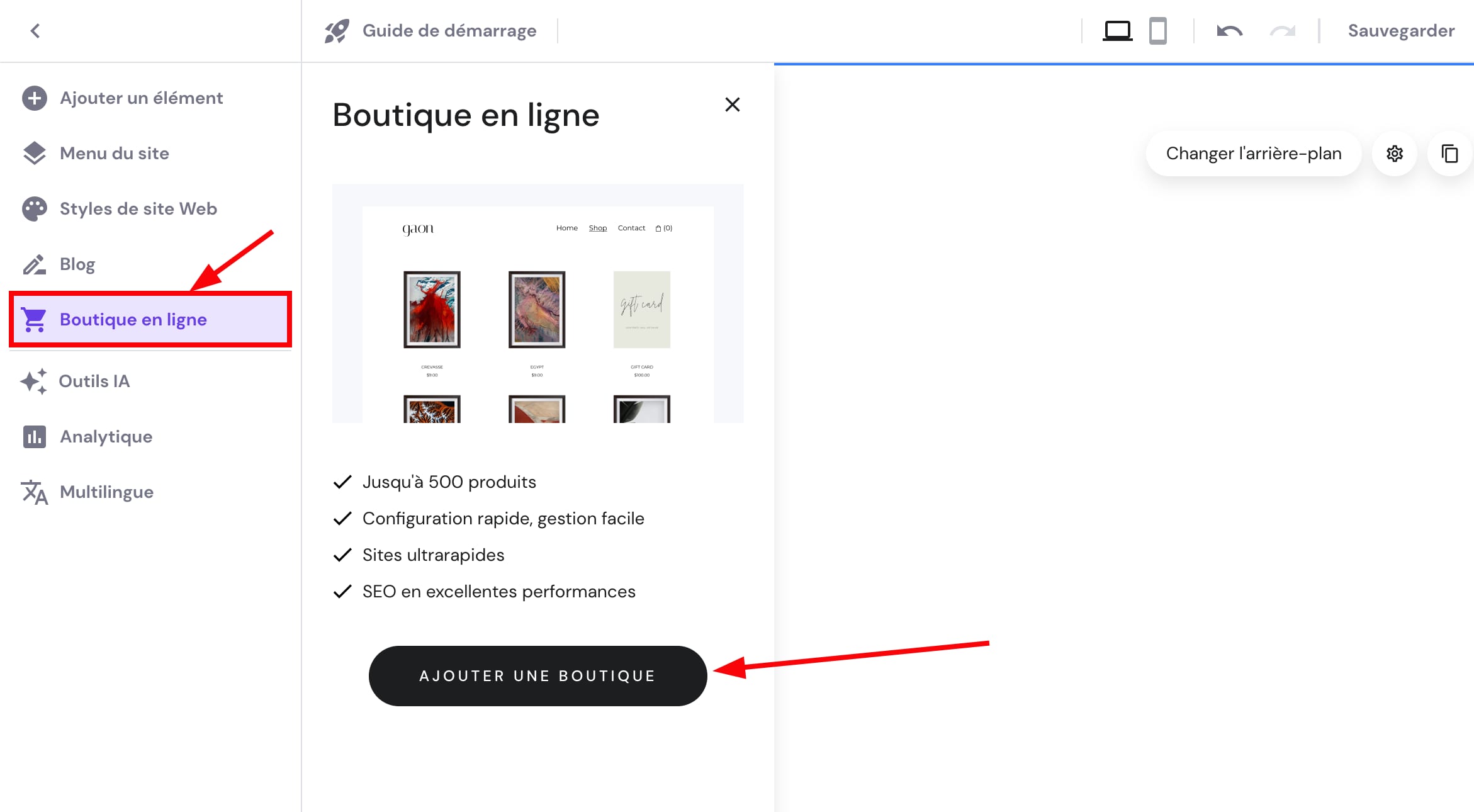 Activation d'une boutique en ligne dans un modèle de site web