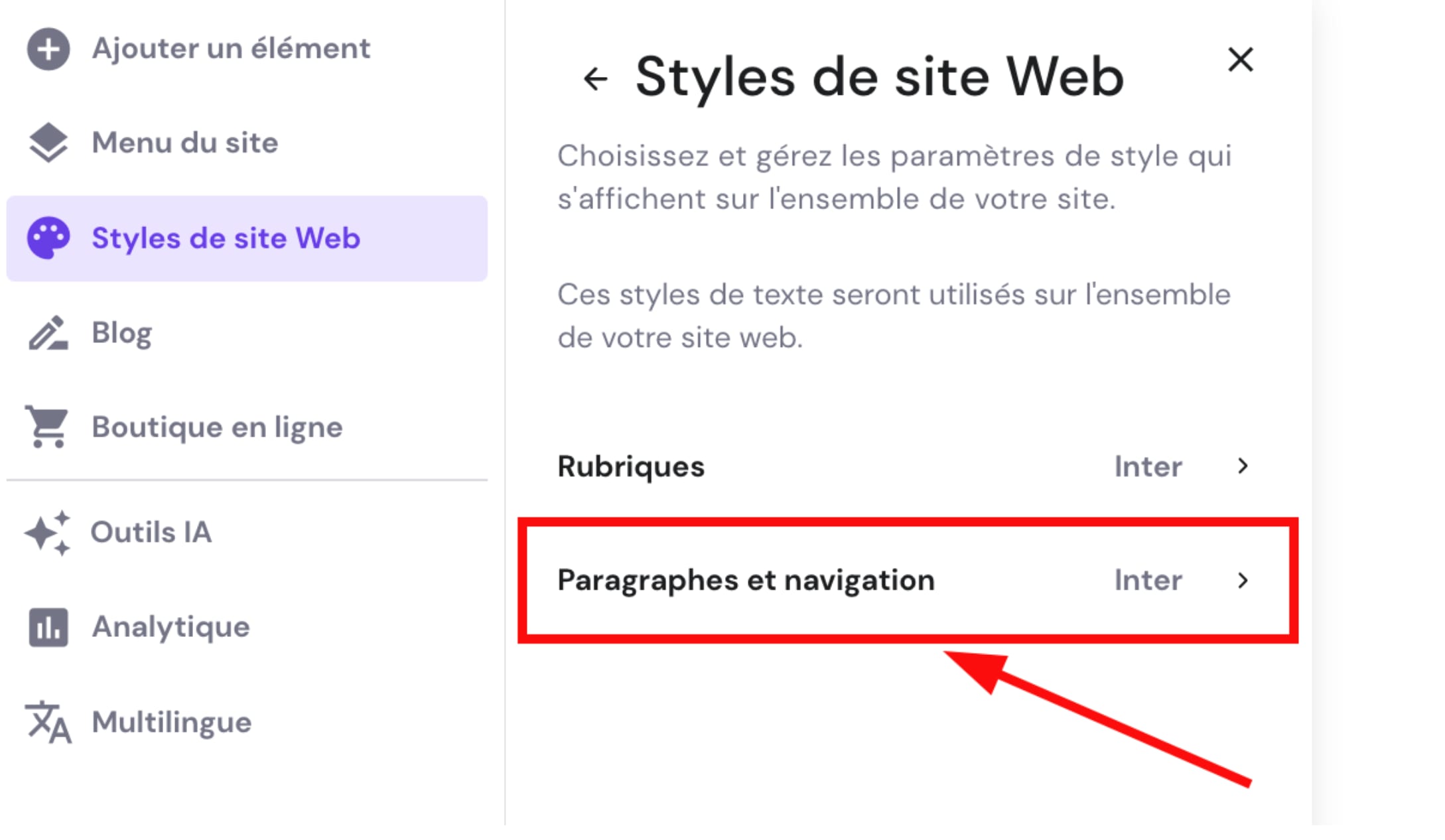 Paramètres de style des paragraphes et de la navigation dans Hostinger Website Builder