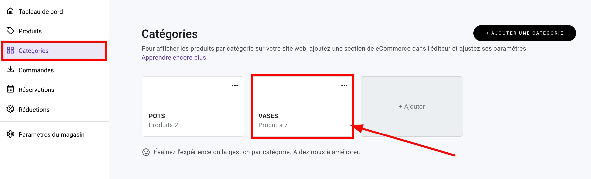 Ouverture d'une catégorie de produits préférés dans la zone de gestion du magasin