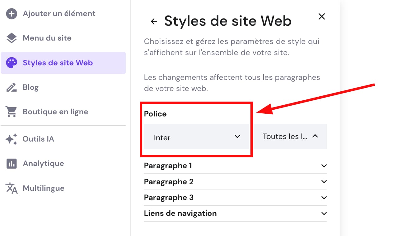Paramètres de police pour les paragraphes et la navigation dans Hostinger Website Builder