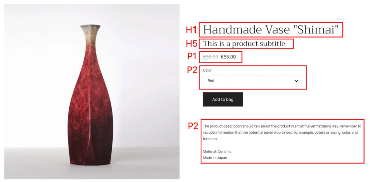 Style de texte dans une section de produit unique et sur une page de produit