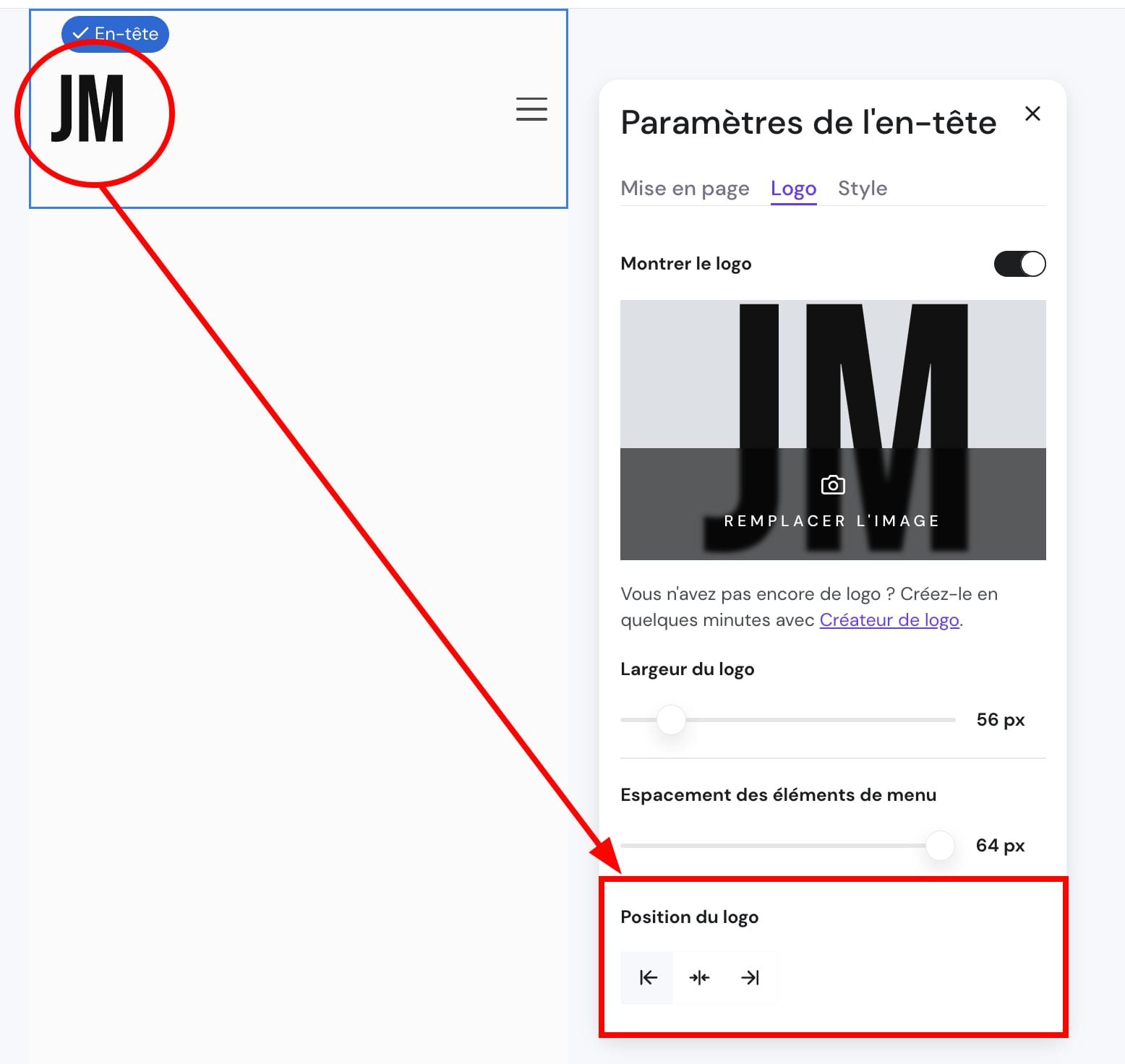 Modifier la position du logo du site web