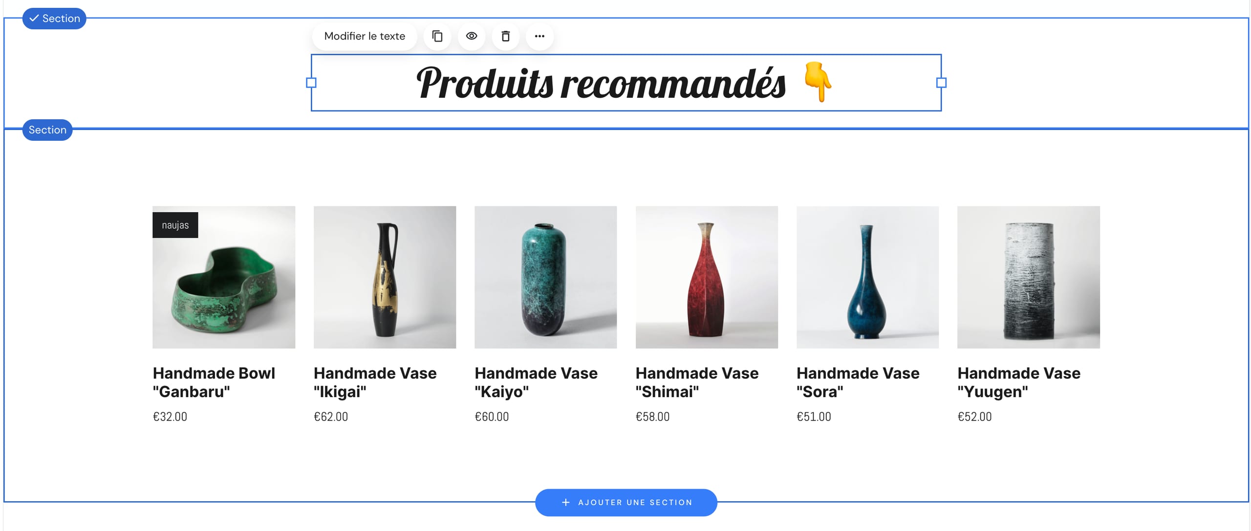 La catégorie de produits recommandés est affichée dans une section de liste de produits