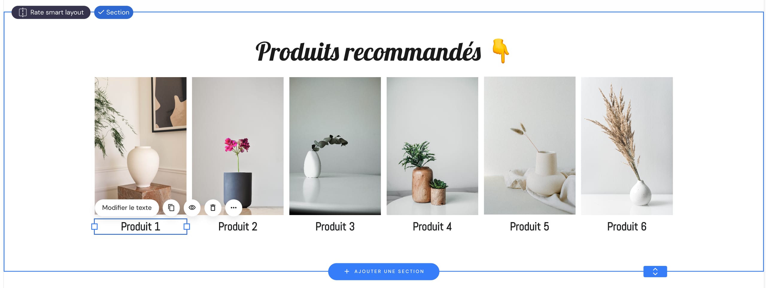 Produits recommandés affichés à l'aide d'éléments d'image et de texte dans une section régulière