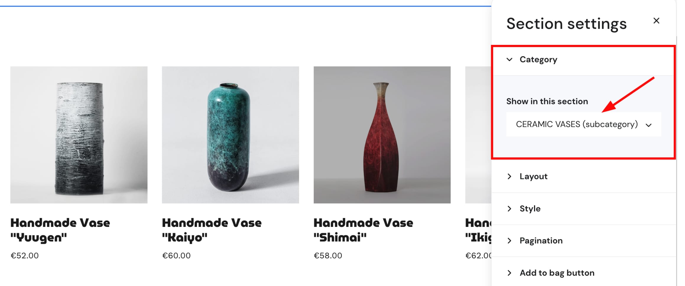 Afficher les sous-catégories de produits sur un site web