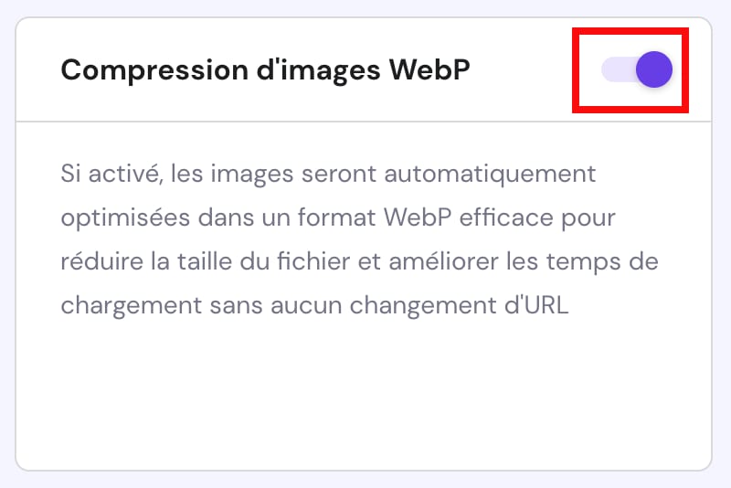 L'option d'optimisation automatique des images au format WebP