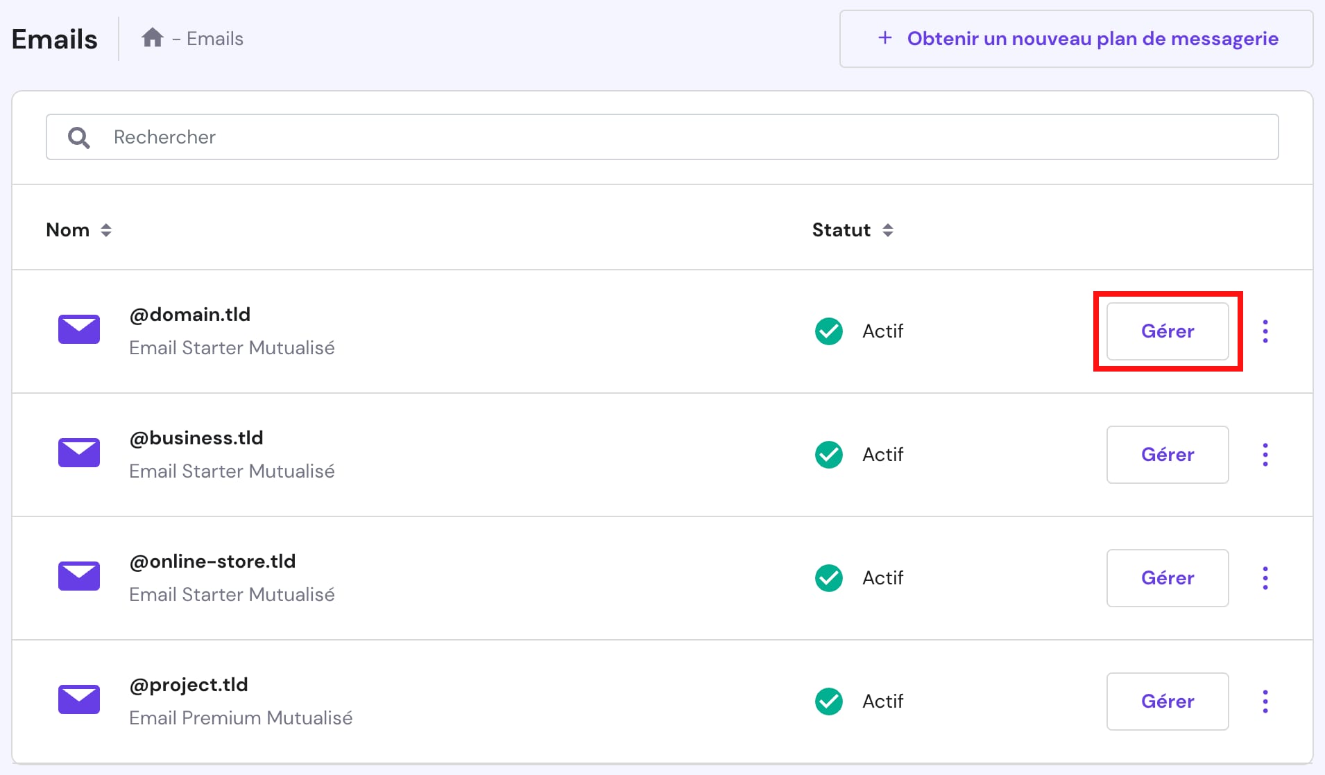 Le bouton Gérer dans hPanel → Emails pour gérer un service de messagerie